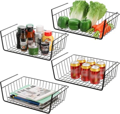 Famanu – Onder-plank draadmanden set van 4 - hangende opbergmanden voor kasten en planken - eenvoudig te installeren - ideaal voor keuken en bijkeuken - wit