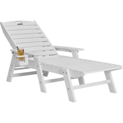 VEVOR Ligstoel, Draagvermogen 181 Kg, Hdpe Tuinligstoel, Strandligstoel met 6-Voudig Verstelbare Rugleuning, Armleuning, Bekerhouder, Balkonligstoel, Terrasligstoel voor Zwembad, Terras, Patio, Gazon, Wit