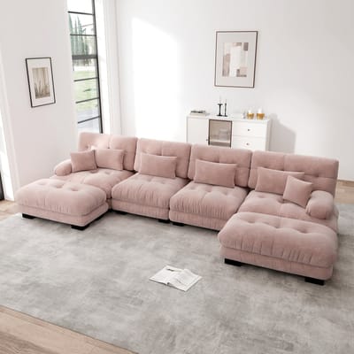 MODFU Modulaire Bank - Verplaatsbare Ottoman En Diepe Zitting - Modern - Voor Woonkamer - Chenille - Roze