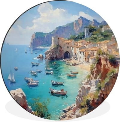 WallCircle - Wandcirkel - Muurcirkel - Kustdorp - Schilderij - Rotsen - Boten - Aluminium - Dibond - 30x30 cm - Binnen en Buiten