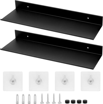 Set van 2 Zwarte Zwevende Planken van 40 cm - Metalen Wandplanken met Zelfklevende Schroeven voor Slaapkamer, Woonkamer en Kantoordecoratie