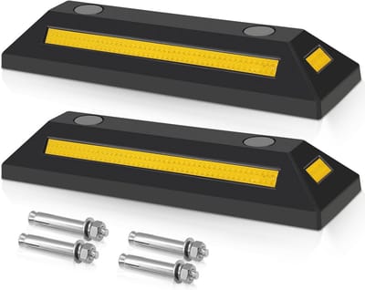 Set van 2 Rubberen Wielstoppers met Gele Reflecterende Strepen - Parkeerhulp voor Garage en Parkeerplaats