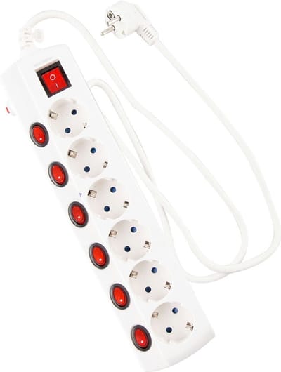 TAFELCONTACTDOOS 6 VOUDIG - MET ELKE CONTACT EEN SCHAKELAAR - WIT - 1.5 METER KABEL - 6 GEAARDE CONTACTEN / 7 SCHAKELAARS - VERLENGSNOER