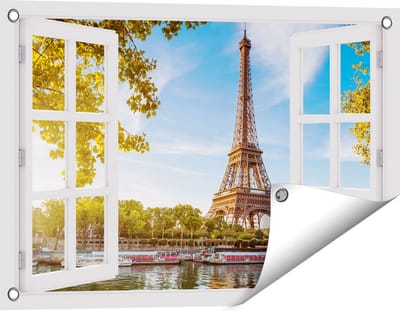 Gards Tuinposter Doorkijk Eiffeltoren in Parijs aan het Water - 60x40 cm - Tuindoek - Tuindecoratie - Wanddecoratie buiten - Tuinschilderij