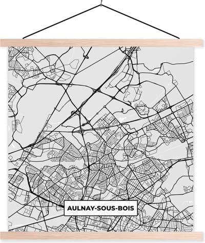 Posterhanger incl. Poster 40x40 cm - Schoolplaat - Aulnay-sous-Bois - Plattegrond - Frankrijk - Kaart - Stadskaart - Textielposter - Blanke latten - Stadskaart