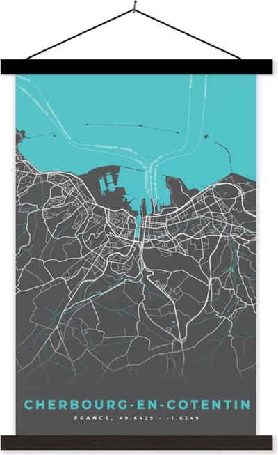 Posterhanger incl. Poster 40x60 cm - Schoolplaat - Plattegrond - Kaart - Cherbourg-en-Cotentin - Stadskaart - Frankrijk - Textielposter - Zwarte latten - Stadskaart
