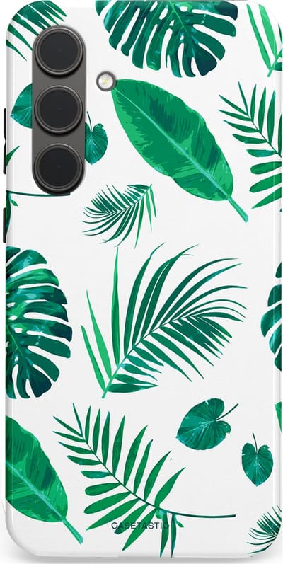 Casetastic Hoesje Geschikt voor Samsung S24 Plus - Stijlvolle Beschermende Duo-layer Case - Groene Witte Jungle Bladeren Print