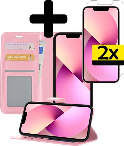 Hoesje - Met 2x Screenprotector - Geschikt voor Apple iPhone 13 Mini - Luxe Pasjeshouder - Bookcase Portemonee - Flip Case - Kunstleer Book Case - Flipcase Hoes - Book Cover - Walletcase - Portemonneehoes - Telefoonhoesjes - Lichtroze