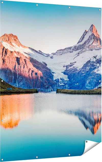 Gards Tuinposter Bergen Landschap bij het Meer - 120x160 cm - Tuindoek - Tuindecoratie - Wanddecoratie buiten - Tuinschilderij