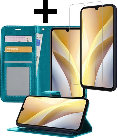Hoesje - Met Screenprotector - Geschikt voor Samsung Galaxy A15 - Luxe Pasjeshouder - Bookcase Portemonee - Flip Case - Kunstleer Book Case - Flipcase - Book Cover - Walletcase - Portemonneehoes - Telefoonhoesjes - Turquoise