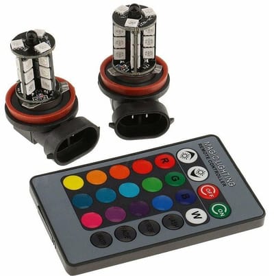 lamp-Auto-LED-mistlampengeschikt voor afstandsbediening, die gebruikmaken van gekleurde H8- en H11-SMD RGB-LED-chips, namelijk respectievelijk H11-27RGB en H8-27RGB.