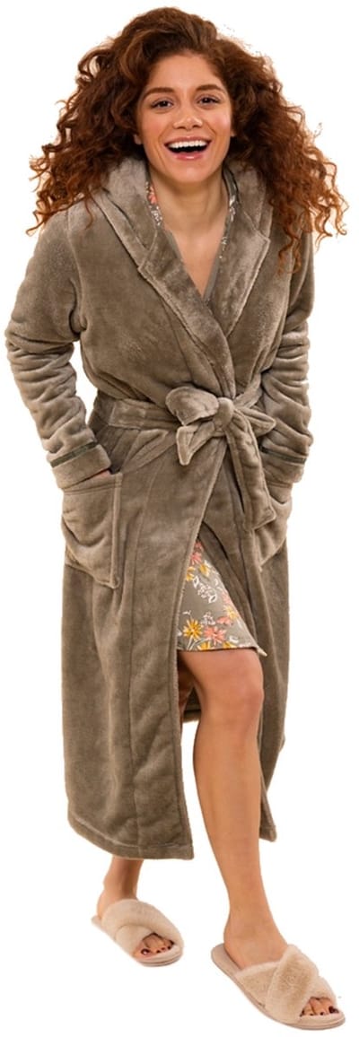 Charlie Choe - Badjas - Ochtendjas - Kamerjas - 100 % zachte fleece - lang model - Faded Green - met capuchon - Maat L
