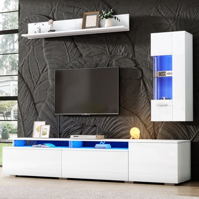 TV-Meubel Set - 3-Delig - Met LED Verlichting - Hoogglans Design - Voor 80 Inch TV - Wit