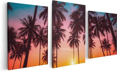 Artaza Canvas Schilderij Drieluik Palmbomen op het Strand bij Zonsondergang - 120x60 cm - Wanddecoratie Woonkamer - Schilderijen - Muurdecoratie