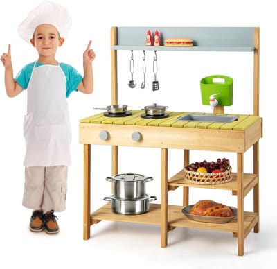 KOMFOTTEU Houten buitenkeuken - Modderkeuken - met watertank, waterstroom en spoelbak - kinderspeelkeuken - buiten speelkeuken - met kookplaat, draaiknop, 4 planken en 3 haken - voor jongens en meisjes van 3-8 jaar