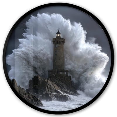 Poster in lijst Rond - Fotolijst 40x40 cm - Posters - Golf - Vuurtoren - Schuimend water - Ronde posterlijst zwart - Decoratie - Wanddecoratie woonkamer - Muurdecoratie slaapkamer