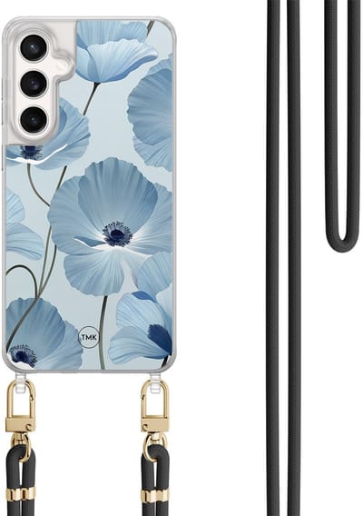 Telefoonhoesje met koord geschikt voor Samsung S24 FE - Blauw bloemenveld - Inclusief Zwart koord - Transparant, Blauw - Bloemen - Crossbody beschermhoes - Met Telefoonketting