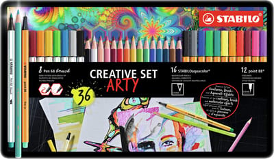 STABILO ARTY Creative Metalen Etui Met 16 x STABILO Aquacolor, 12 x point 88, 8 x Pen 68 brush
