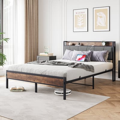 REDOM Bedframe 140x200 cm van MDF+metaal – Met opberg-hoofdbord, LED en USB/stopcontact – Antique Brown