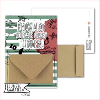 Geldkaart met mini Envelopje -> Bedankt - Voetbal - No: 02 (BEDANKT voor je inzet TOPPER! - Groen gestreept met voetbal elementen) - LeuksteKaartjes.nl by xMar