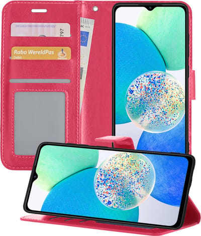 Hoesje - Met Pasjeshouder - Geschikt voor Samsung Galaxy A14 - Luxe Bookcase Portemonee - Flip Case - Kunstleer Book Case - Flipcase - Book Cover - Walletcase - Portemonneehoes - Telefoonhoesjes - Donkerroze
