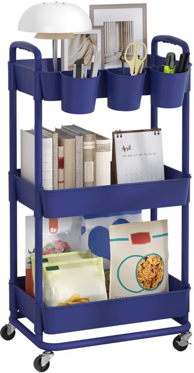 Plastic Rolling Opbergkar Utility Cart met Extra Hangende Bekers Handgrepen Afsluitbare Wielen voor Woonkamer Badkamer Keuken Kantoor Blauw