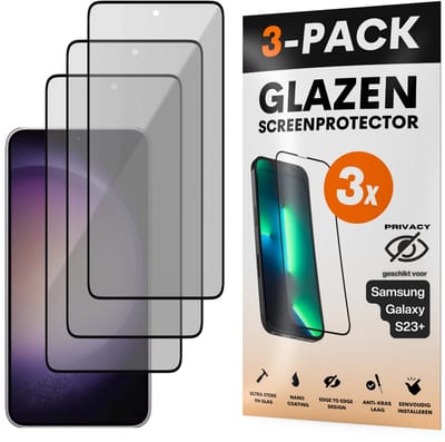 Privacy Screenprotector - Geschikt voor Samsung Galaxy S23+ - Gehard Glas - Full Cover Tempered Privacy Glass - Case Friendly - 3 Pack