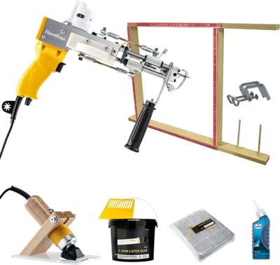 Tufting Gun Beginnerspakket - XL - Starter kit met Tufting Machine AK-DUO PRO geel, Tufting Frame, Tufting Doek, Tufting Lijm, Tapijt Tondeuse en olie - Beginnen met Tuften