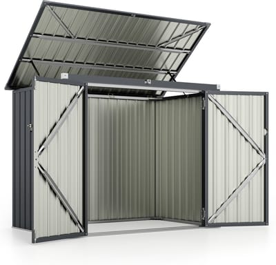 COSTWAY Vuilniscontainerbox voor 2 vuilnisbakken, van verzinkt metaal, afvalhuis met 2 deuren en klapdeksel, afsluitbaar, weerbestendig, tuinbox tuin, 172 x 95,5 x 130 cm (zwart)
