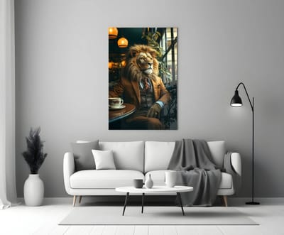 Glasschilderij – Gentleman Leeuw met Pak – Moderne en Stijlvolle Wanddecoratie - 90x60 cm