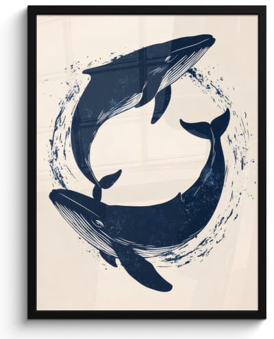 Poster in lijst - Fotolijst 50x70 cm - Posters - Walvissen - Spetters - Cirkel - Donkerblauw - Posterlijst zwart - Decoratie - Wanddecoratie woonkamer - Muurdecoratie slaapkamer