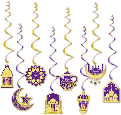 Q2P - Eid Mubarak - Decoratie - Ramadan - Suikerfeest - Slinger - Versiering - Islam - Goud & Paars - 8 Stuks