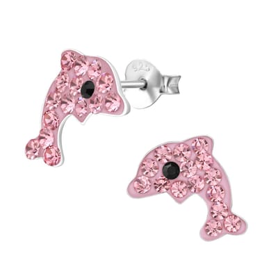 zilveren kinderoorbellen dolfijn roze 32 kristal | Oorknopjes Meisje Zilver | Zilverana | Sterling 925 Silver
