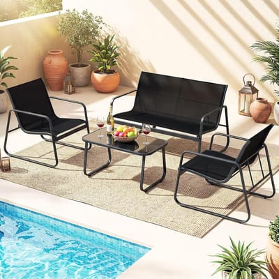 Balkonmeubelset 4-delig met Kussens – Bistroset met 2 Stoelen, Armleuningen en Tafel met Gehard Glas, Compacte Tuinset voor Balkon/Terras, Weerbestendig Metaal – Grijs/Zwart – Urbanhome