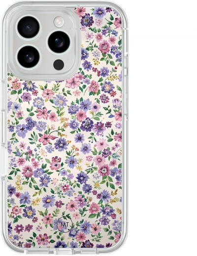 Hybride hoesje geschikt voor iPhone 16 Pro - Paarse bloemen - Extra bescherming - Luxe beschermhoes - TPU case - Transparant, Paars - Mooie Telefoonhoesjes