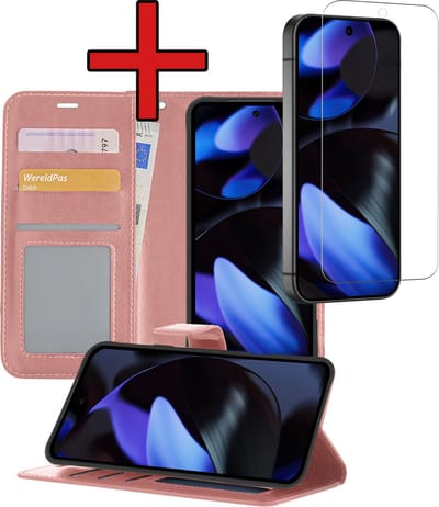 Hoesje - Met Screenprotector - Geschikt voor Google Pixel 9 Pro XL - Luxe Pasjeshouder - Flipcase - Bookcase Portemonee - Flip Case - Kunstleer Book Case - Book Cover - Walletcase - Portemonneehoes - Telefoonhoes - Rosé goud