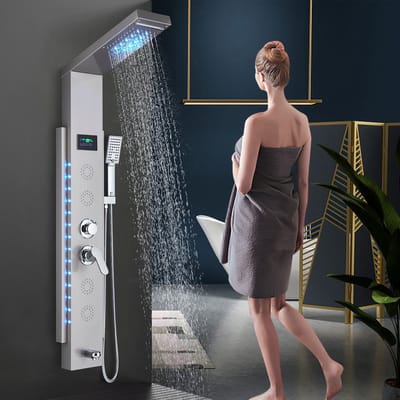 Douchekolom douchepaneel voor badkamer hydromassage 5 stralen multifunctioneel douchesysteem douchepaneel 4 grote massagestralen zilver