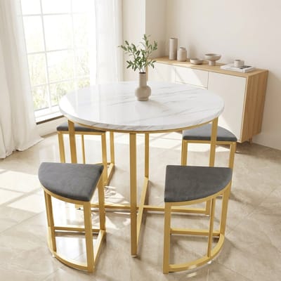 HAUSS SPOLE Eetkamerset 80x80x75cm - Ronde Eettafel met 4 Stoelen - Ruimtebesparend Ontwerp - MDF - Grijs