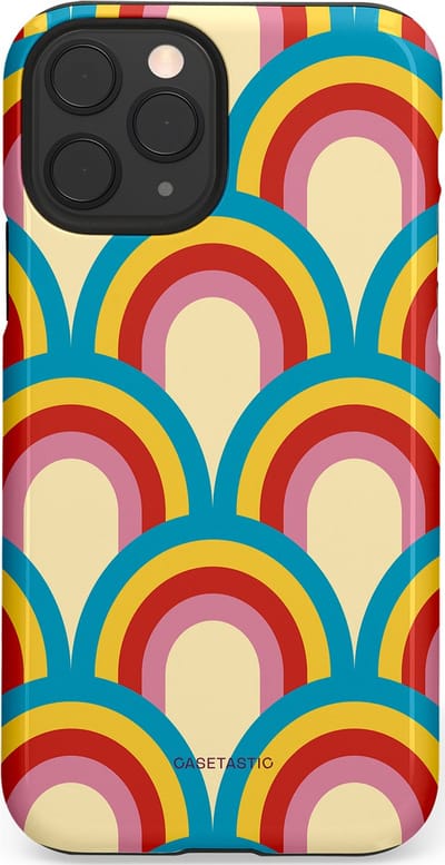 Casetastic hoesje geschikt voor Apple iPhone 11 Pro - Dubbellaagse bescherming - Retro regenboog - Fashion Case - Lichtblauw Crème Goud Rood
