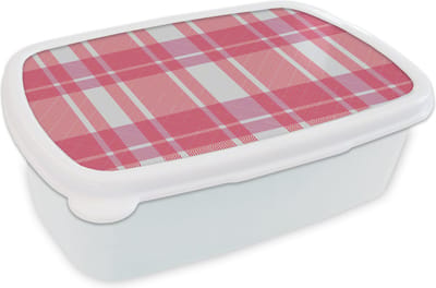 Broodtrommel Wit - Lunchbox - Brooddoos - Plaid - Roze - Patronen - 18x12x6 cm - Volwassenen