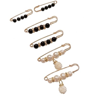 Goudkleurige broche dames set van 6 met zwarte en witte parelachtige kralen rechte speldvorm decoratieve broche geschikt voor kleding sjaal vest of blazer