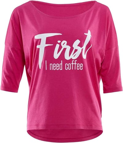 Dames T-Shirt met 3/4 Mouwen en 'First I Need Coffee' Glitteropdruk
