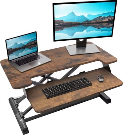 In hoogte verstelbare zit-sta-werkplek, bureau, computerriser, werkstation, bureau-opzetstuk, staande werkplek, staande tafel, 81 cm (32 inch), omvormer, rustiek bruin