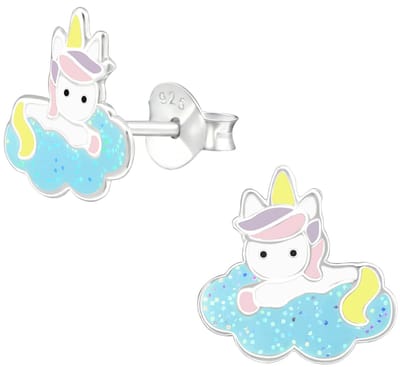 Joy|S - Zilveren eenhoorn oorbellen op een blauwe glitter wolk - 10 mm - unicorn