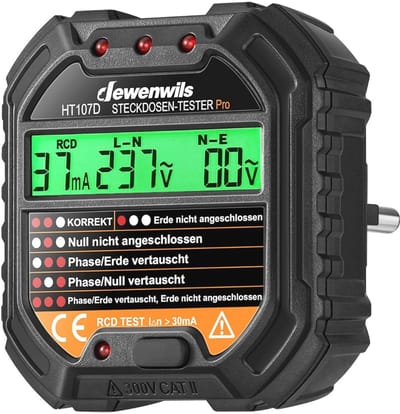 Stekkertester met LCD-display en RCD-testfunctie, 6 indicatoren voor storingsdiagnose, elektrische circuittester voor bedradingscontrole, 48-250 V/45-65 Hz, CAT II 300 V