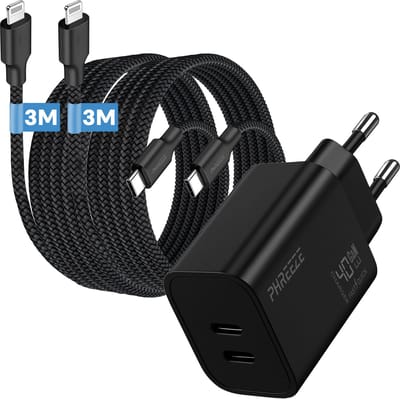 Phreeze usb C oplader 40 W - Geschikt voor iPhone 14 13 12 11 X XR XS Max Pro Mini Plus en iPad met Lightning kabel - Dual usb C oplader met 2 kabels 3m
