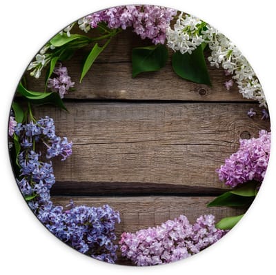 Dibond Wandcirkel - Bloemen langs de Randen op Houten Tafel  - 70x70cm Foto op Aluminium Wandcirkel (met ophangsysteem)