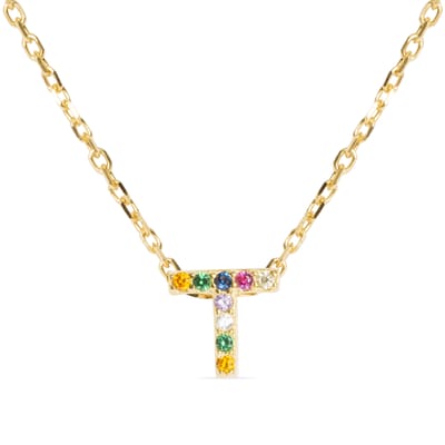 Luxenter Sterling Zilver 925 collier met Veelkleurige Zirkonia afgewerkt in 18K geel goud - Alfabet