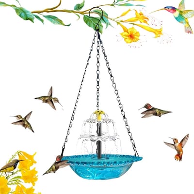Vogelbadjes - Zonne-Energie Drijvende Fontein - Hangend Vogelbadje met Solar Fontein - Hangende Vogelvoeders - Vogelvoederhuisje voor Buiten - Tuinvogelbadfontein - Vogelbad - - Tuindecoratie voor Vogels - Inclusief Ophangketting - Blauw