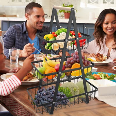 NAIZY Fruitstandaard Fruitmand 3-laags Zwart Verwijderbare fruitschaal Groenterek Broodmand Keukenopslag voor fruit, groenten, snacks, brood - 33x17x47cm